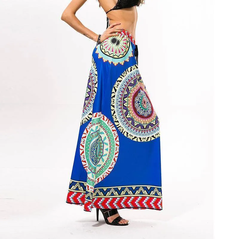 Fits 25 - 45" waist, African, Boho Print Beach Maxi High Waist Skirts