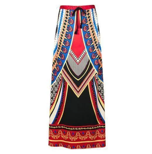 Fits 25 - 45" waist, African, Boho Print Beach Maxi High Waist Skirts