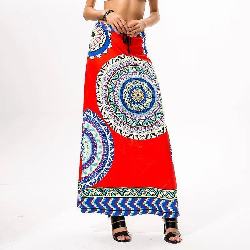 Fits 25 - 45" waist, African, Boho Print Beach Maxi High Waist Skirts