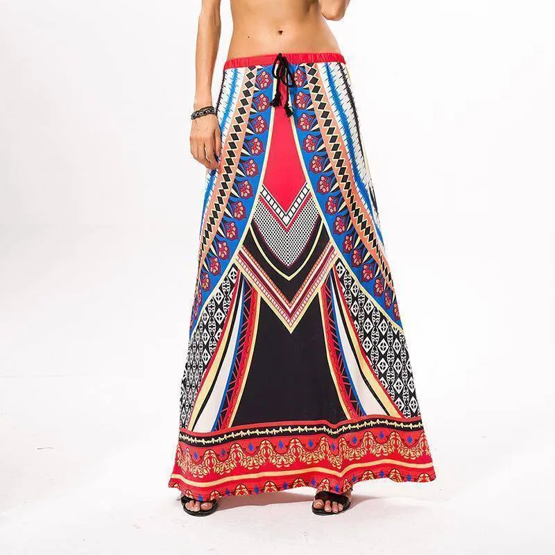 Fits 25 - 45" waist, African, Boho Print Beach Maxi High Waist Skirts