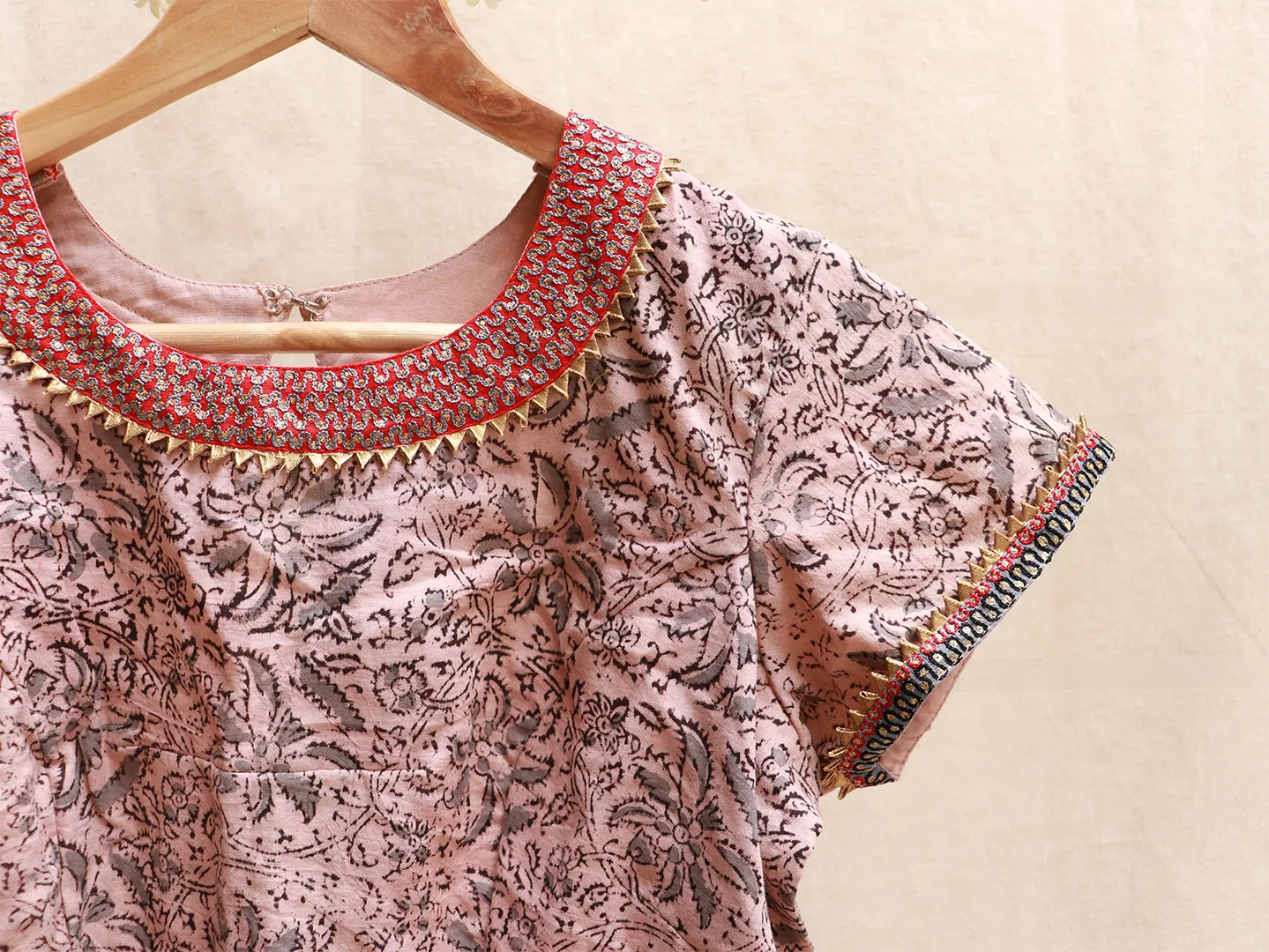 Flamingo pink, cotton block print, Hand embroidery blouse