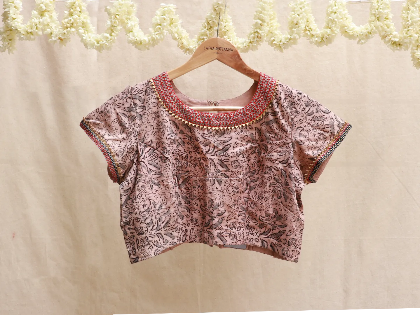 Flamingo pink, cotton block print, Hand embroidery blouse