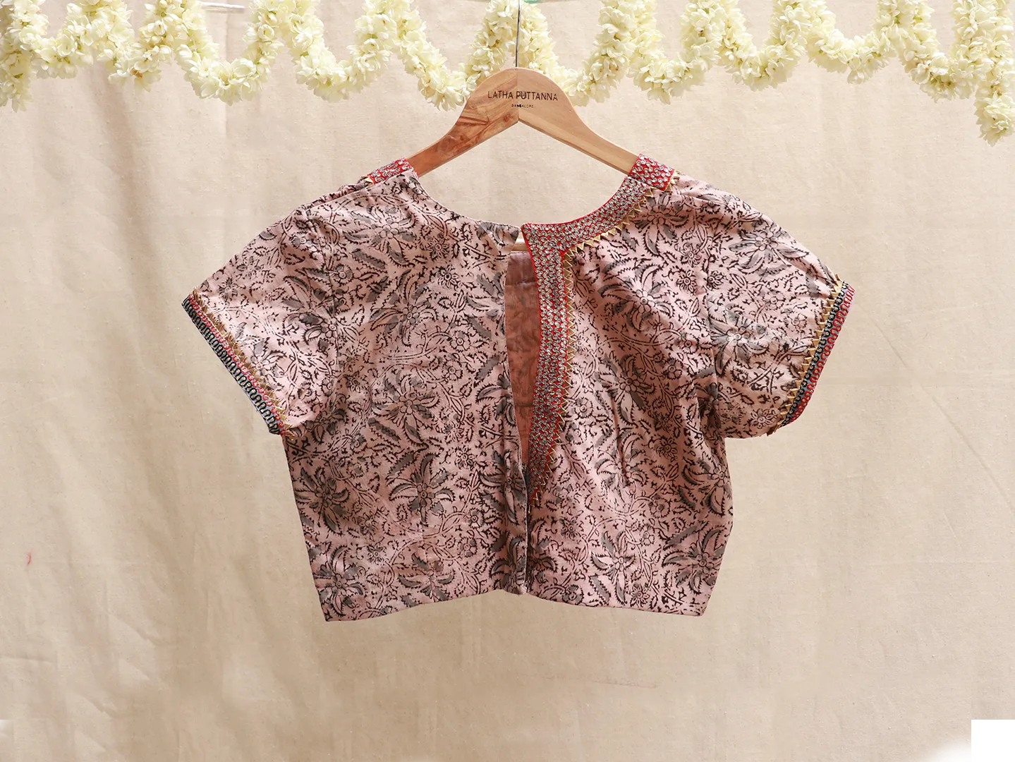 Flamingo pink, cotton block print, Hand embroidery blouse