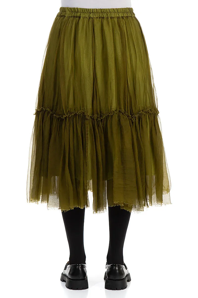 Flared Ruffle Golden Lime Silk Chiffon Midi Skirt