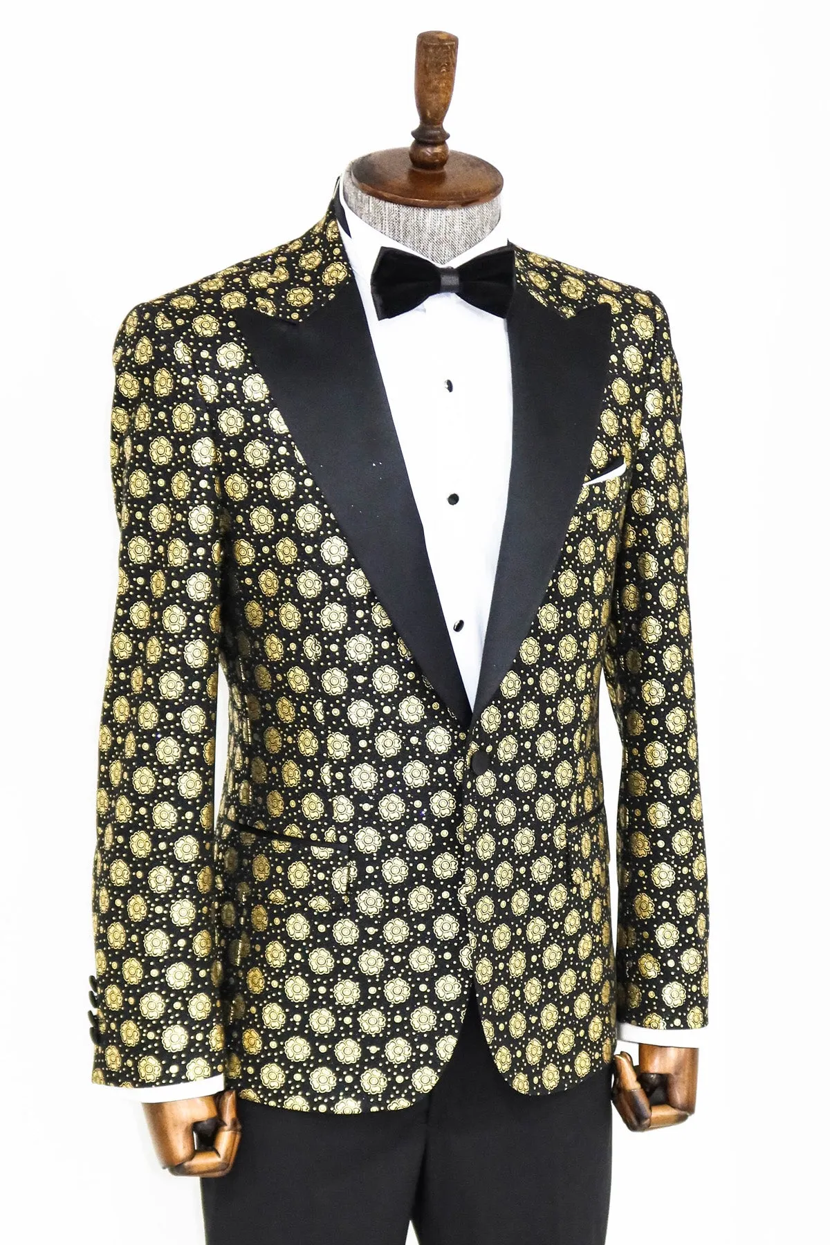 Floral Patterned Peak Lapel  Black with Gold Embellished Dinner Jacket - Wessi