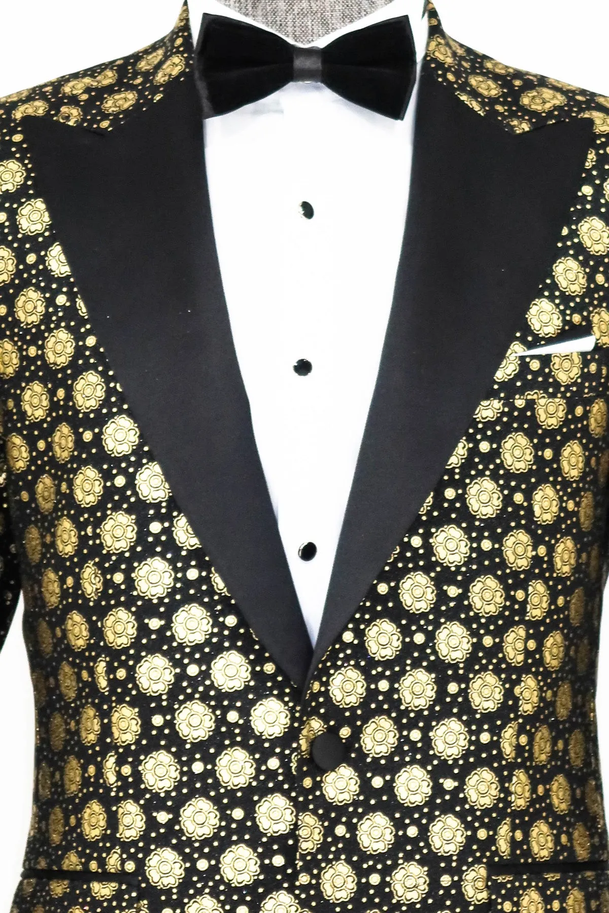 Floral Patterned Peak Lapel  Black with Gold Embellished Dinner Jacket - Wessi