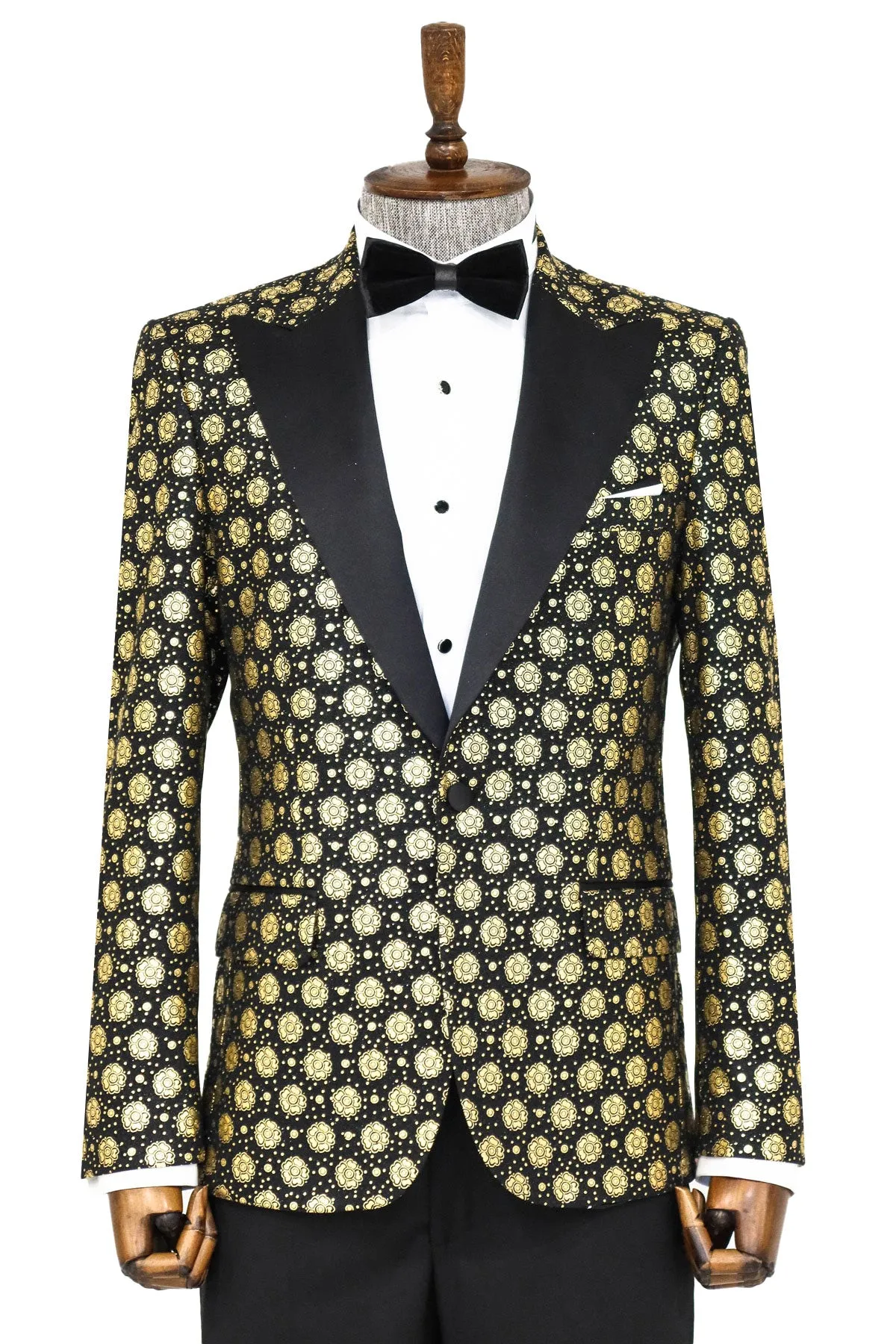 Floral Patterned Peak Lapel  Black with Gold Embellished Dinner Jacket - Wessi