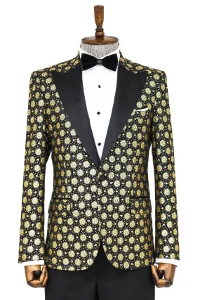 Floral Patterned Peak Lapel  Black with Gold Embellished Dinner Jacket - Wessi