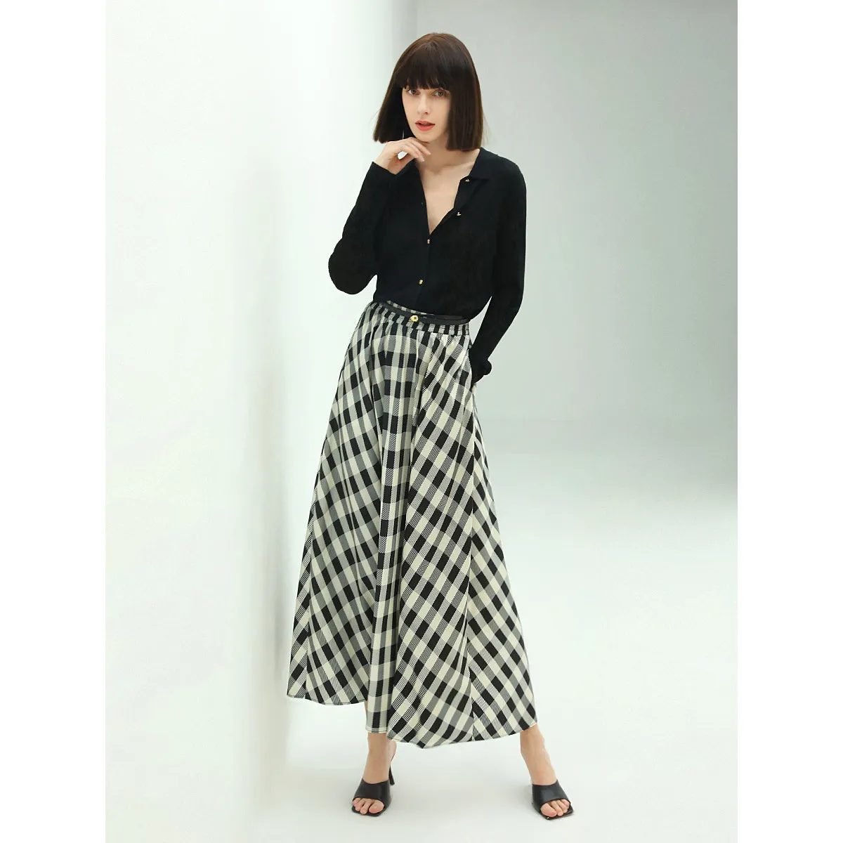 Full A Line High-Waist Checkered Maxi Skirt