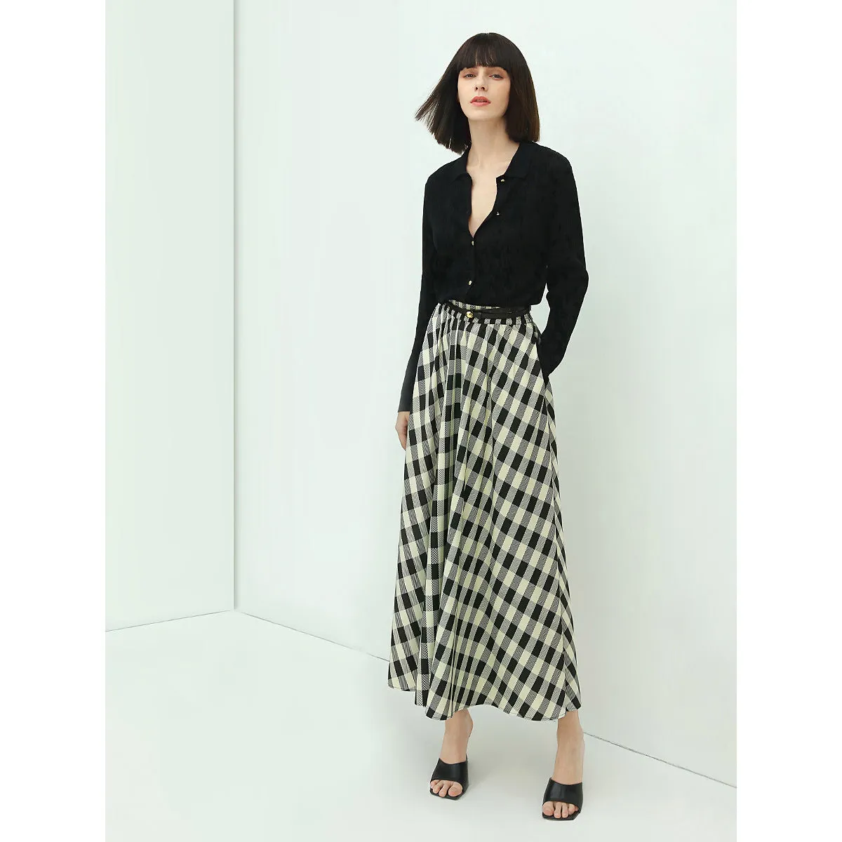 Full A Line High-Waist Checkered Maxi Skirt