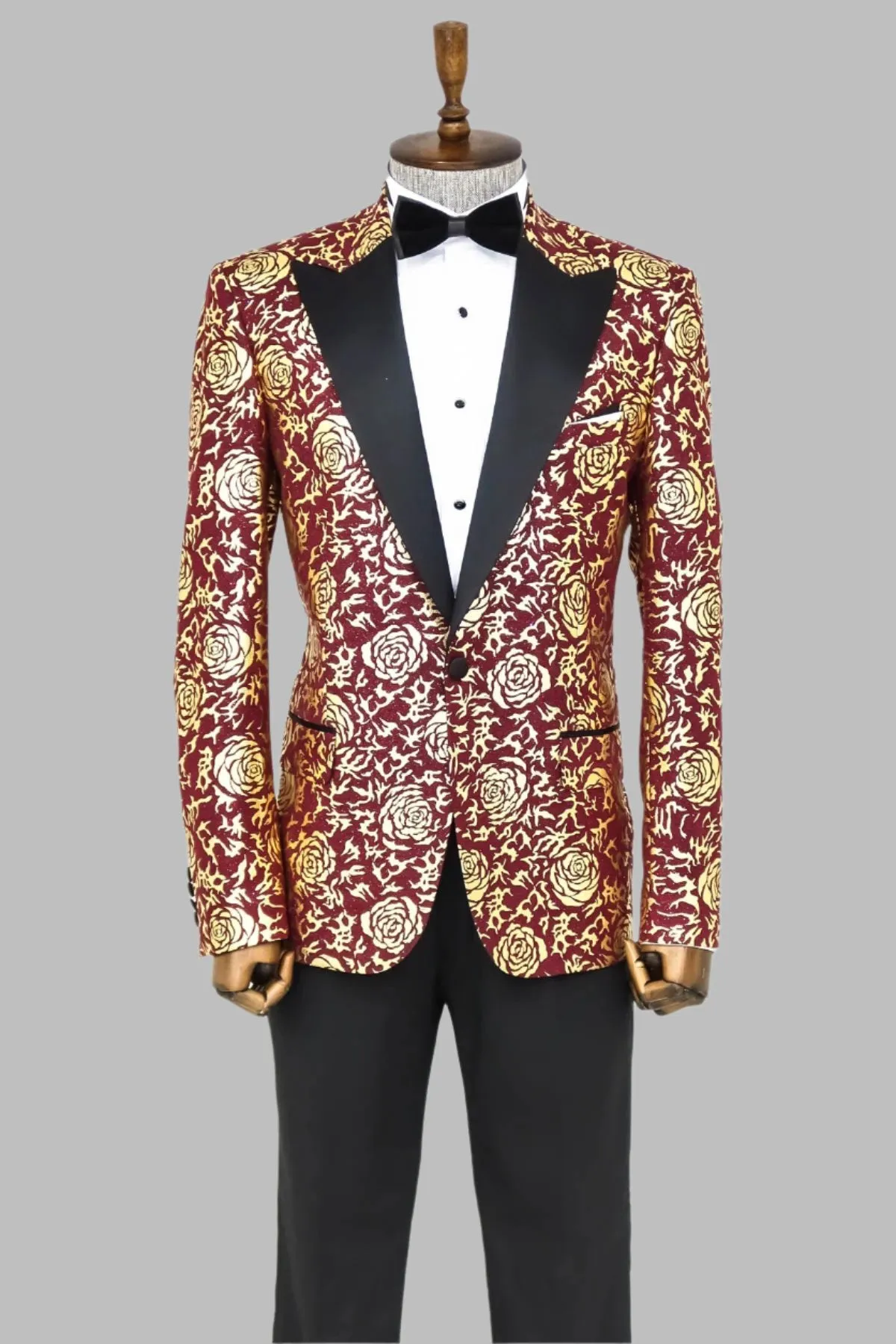 Gold Rose Patterned Slim Fit Burgundy Men Shinny  Blazer - Wessi