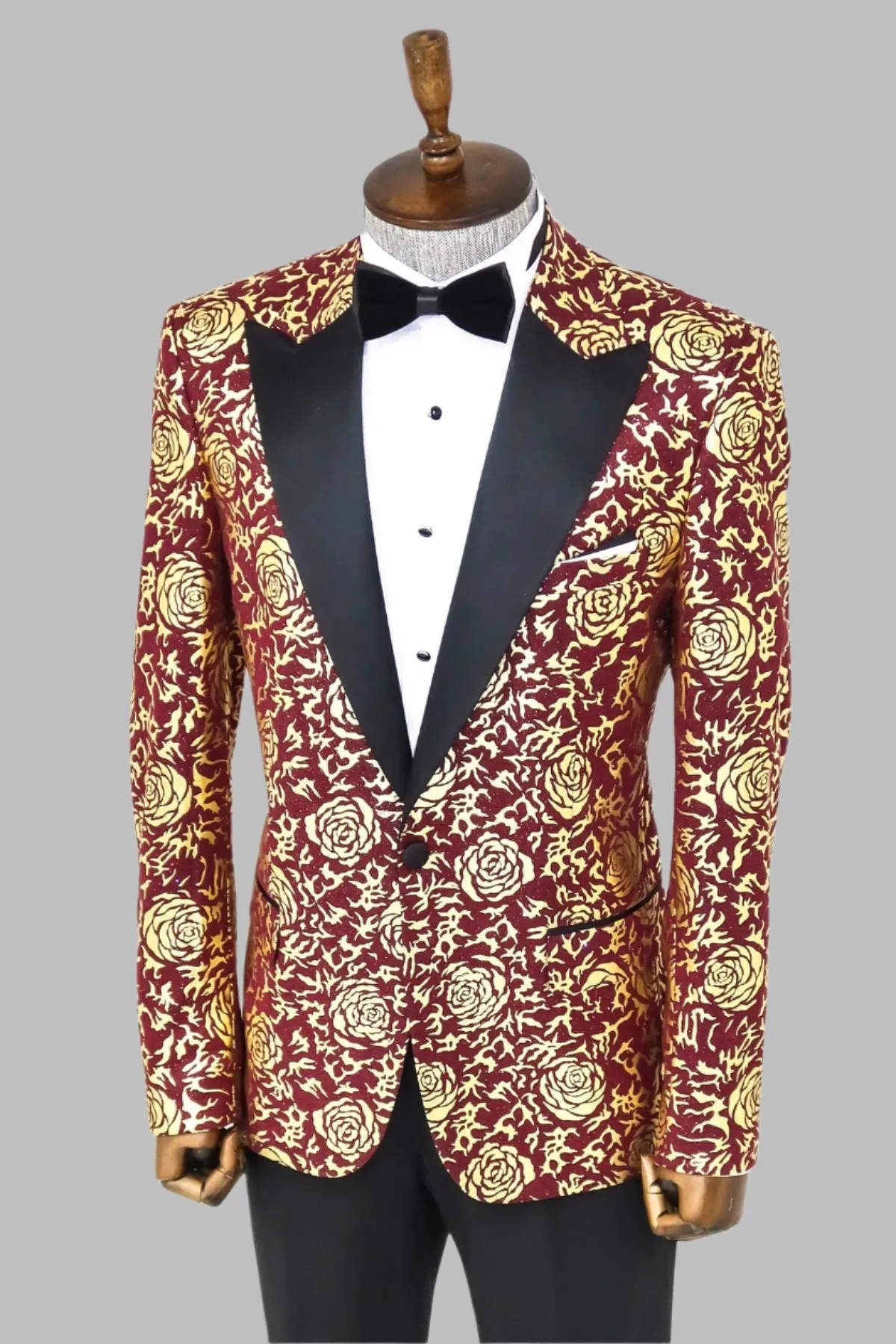 Gold Rose Patterned Slim Fit Burgundy Men Shinny  Blazer - Wessi