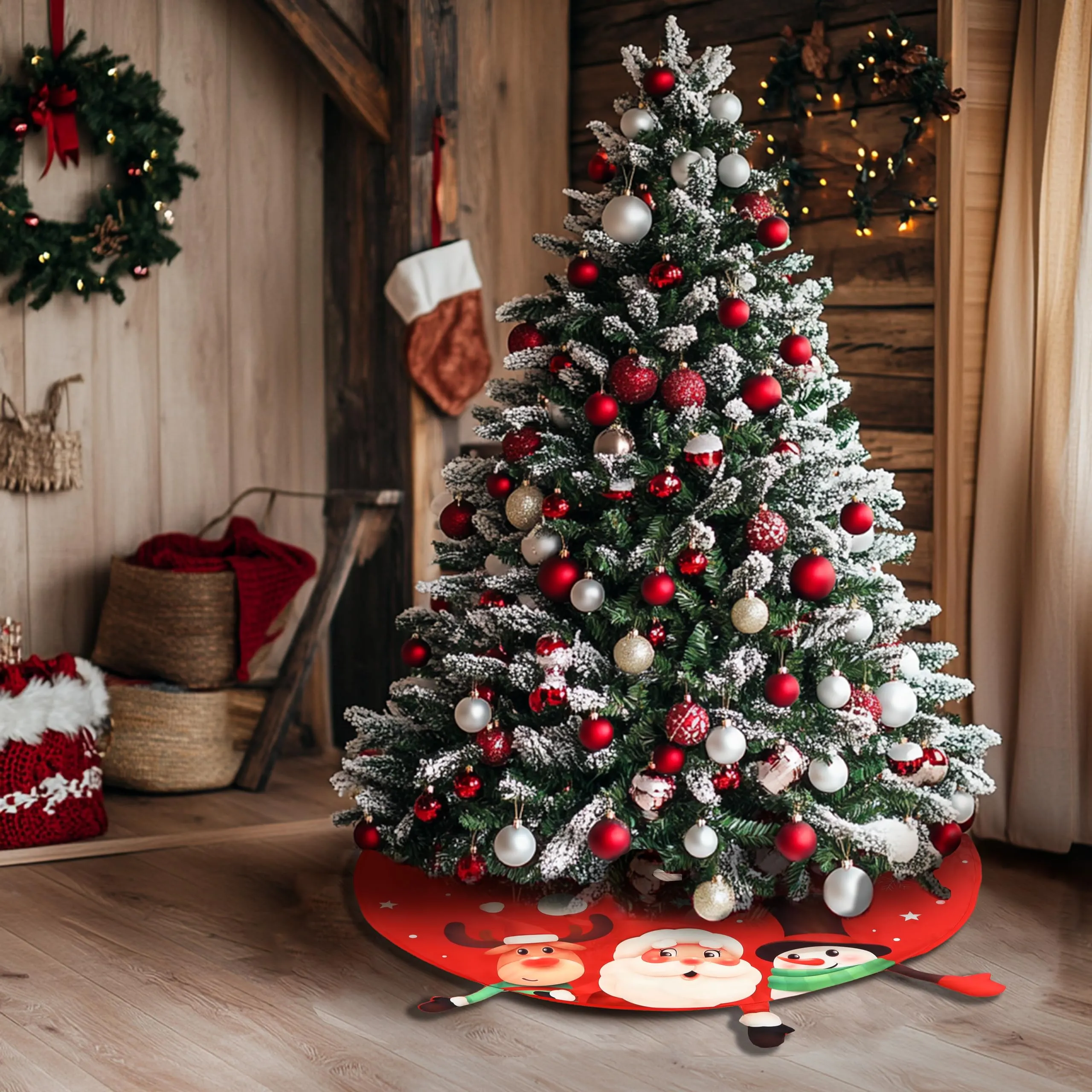 Red Christmas Tree Skirt, 48 Inch Xmas Tree Mat