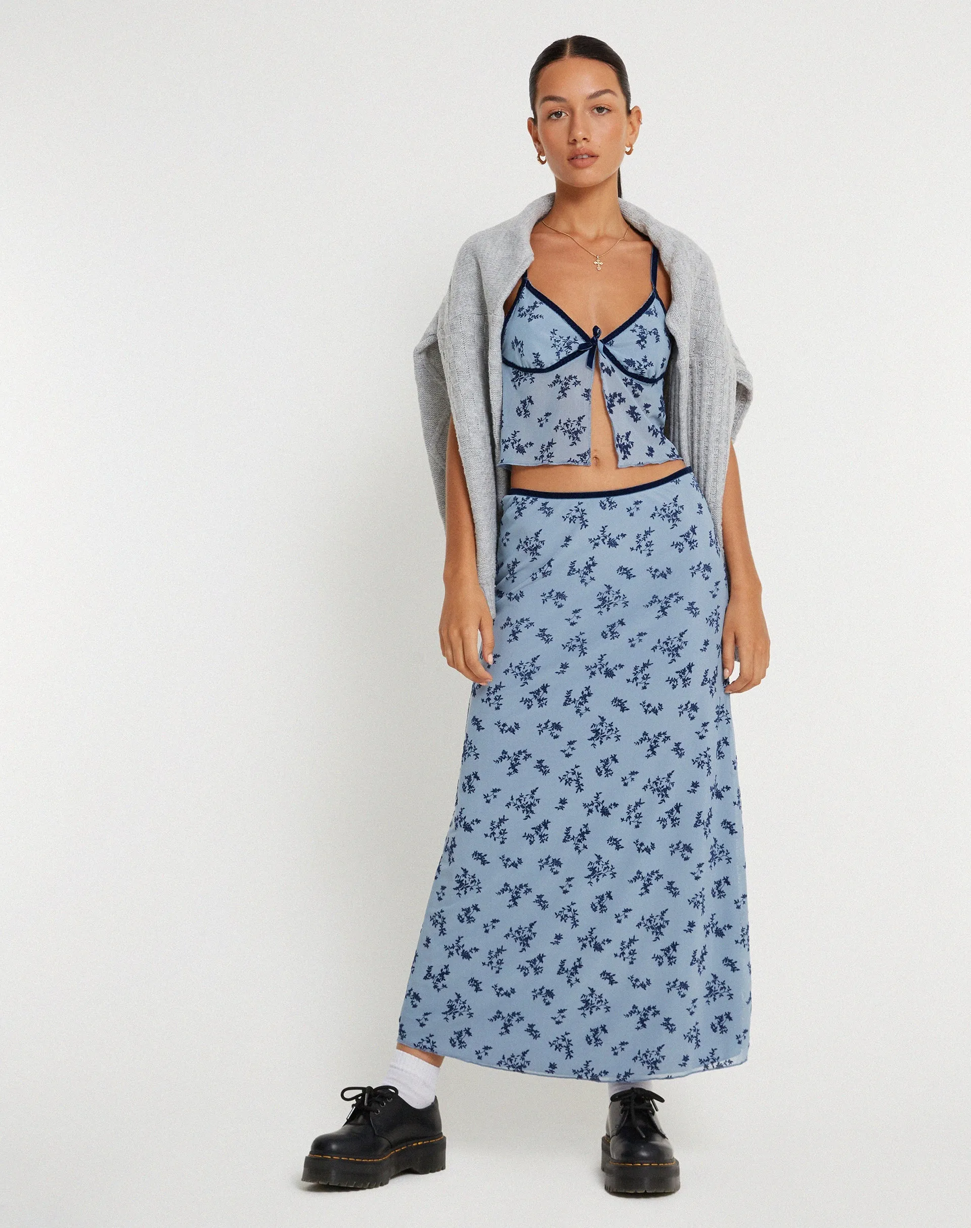 Rinzi Maxi Skirt in Light Blue Black Botanist Flocking