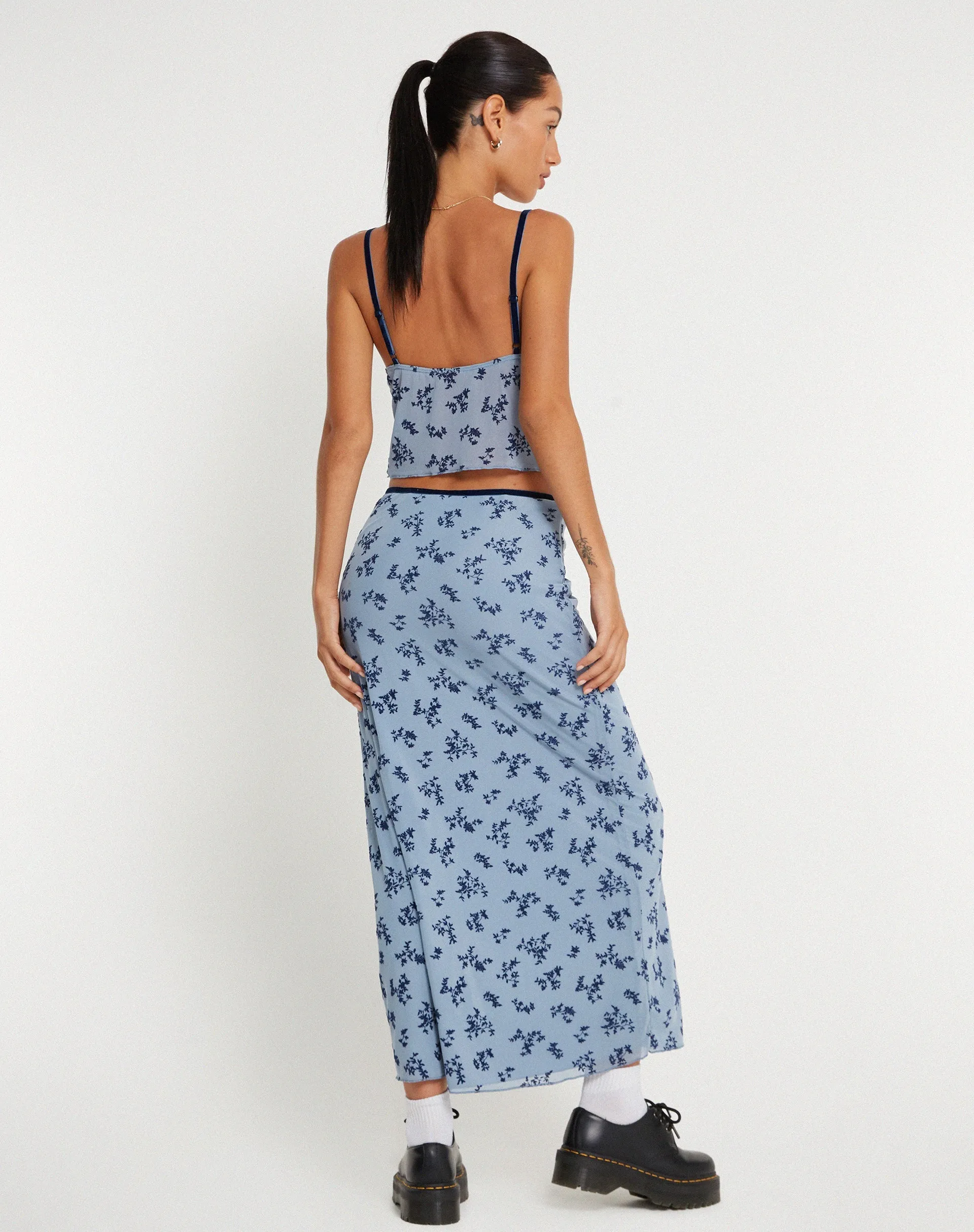 Rinzi Maxi Skirt in Light Blue Black Botanist Flocking