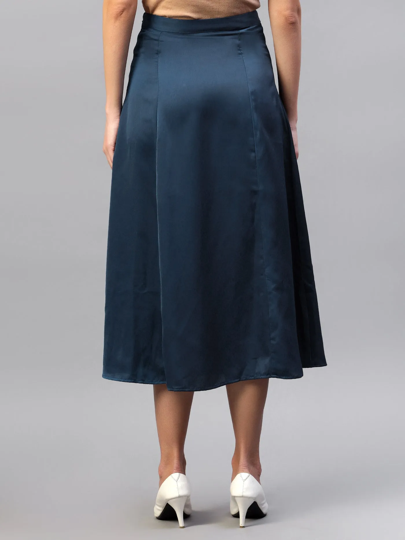 Teal Front Slit Midi A-Line Skirt | Elastic Waistband, Flared Hem