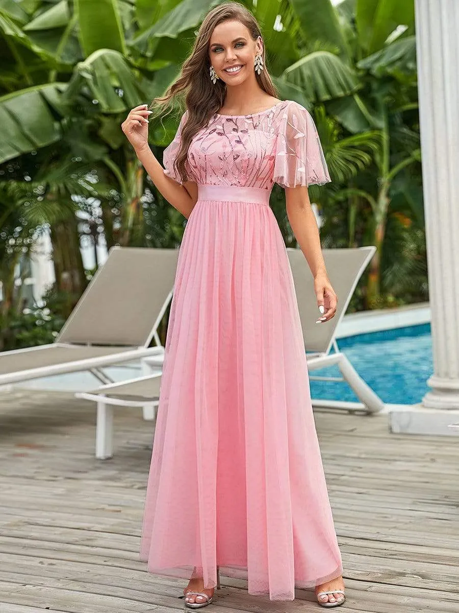 Women's A-Line Short Sleeve Embroidery Floor Length Evening Dresses