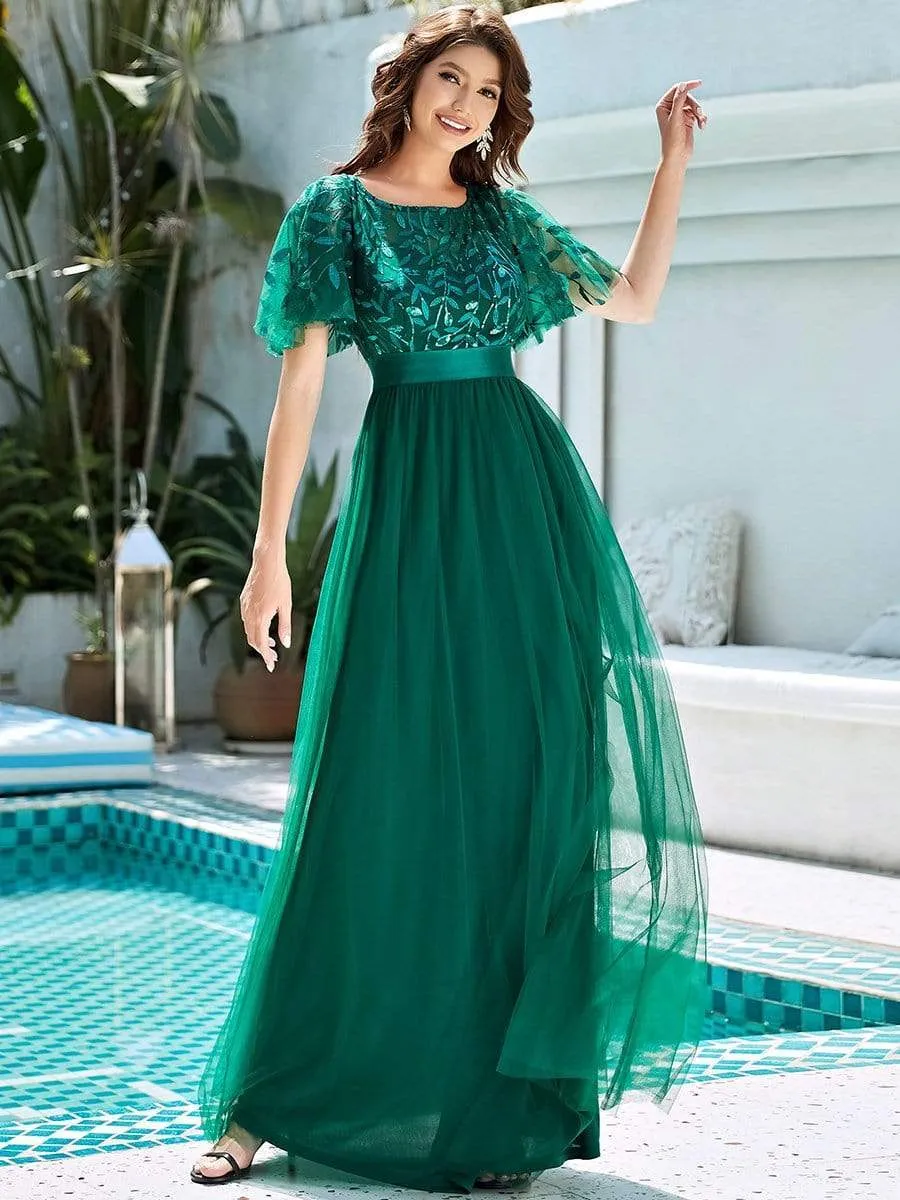 Women's A-Line Short Sleeve Embroidery Floor Length Evening Dresses