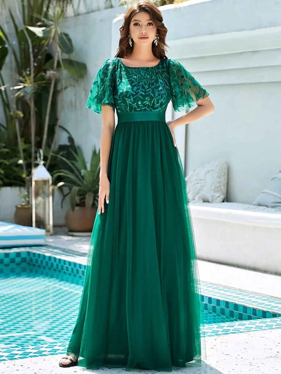 Women's A-Line Short Sleeve Embroidery Floor Length Evening Dresses